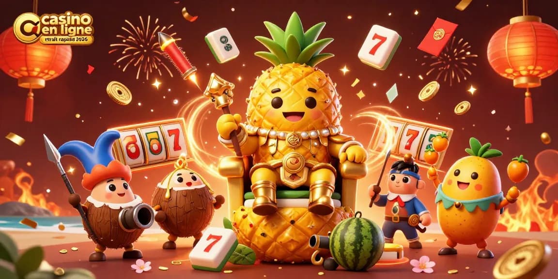 Illustration captivante d'un casino en ligne retrait rapide 2026 avec un roi ananas en 3D entouré d'éléments de jeux d'argent.
