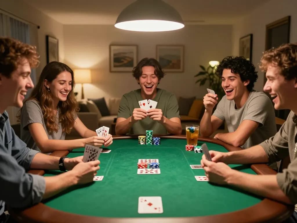 Friends engaged in a lively poker game at home, showcasing ho88's atmosphere of strategic fun