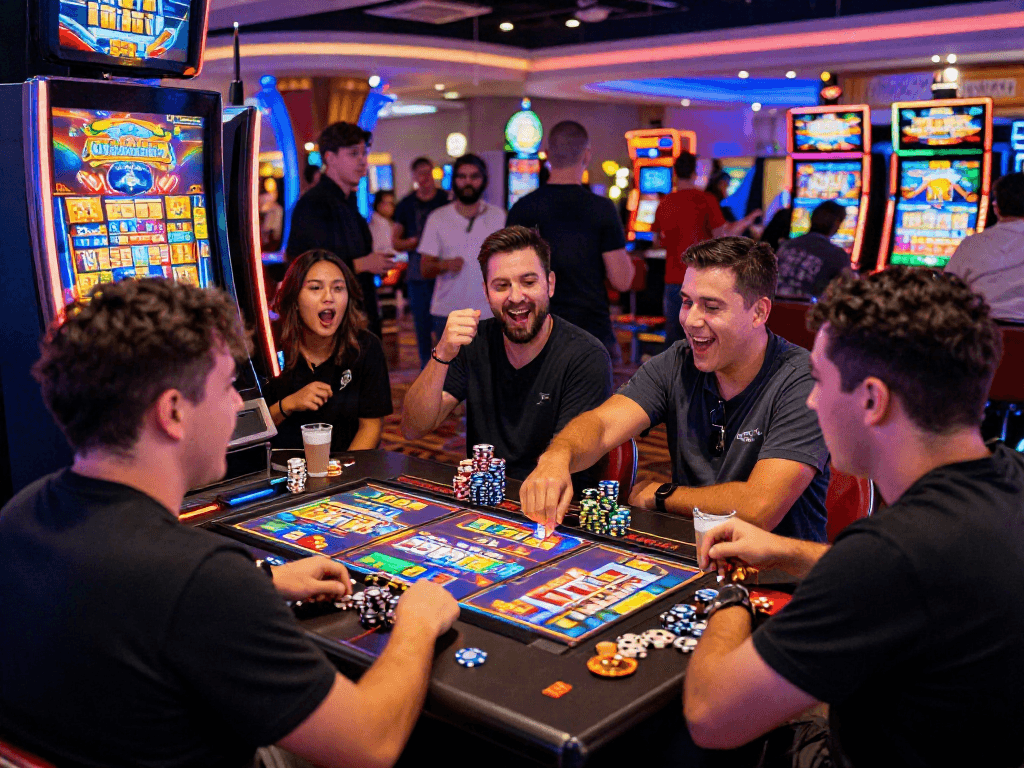 Players excitedly enjoying a slot bonus game at a casino, surrounded by vibrant lights and lively atmosphere.