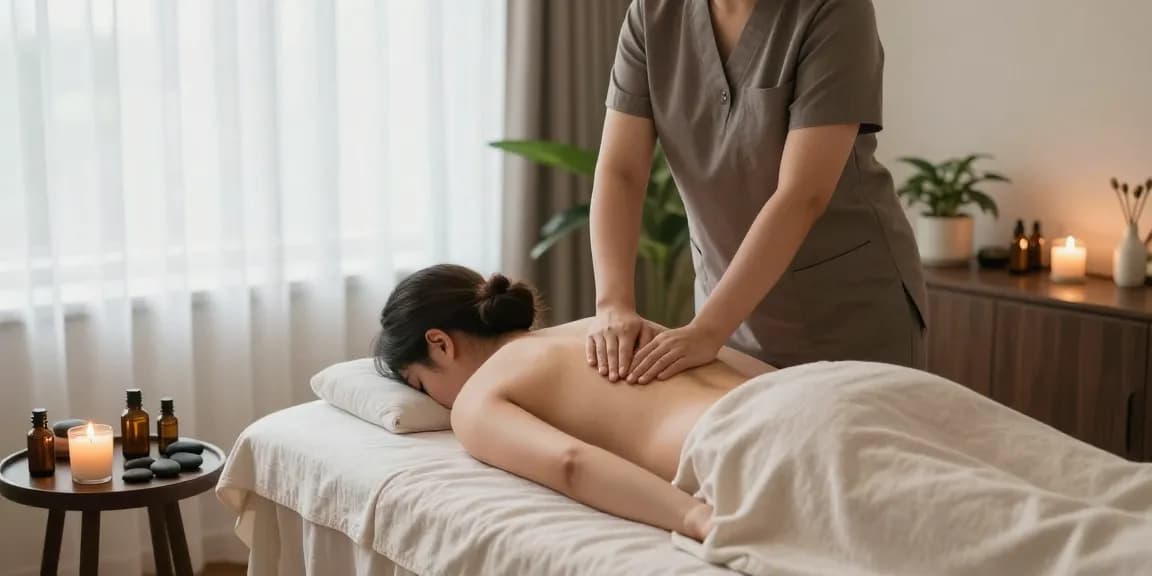 불당동마사지 세션에서 편안한 마사지 스튜디오의 고요한 분위기와 전문 치료사가 고객에게 제공하는 스웨디시 마사지 모습