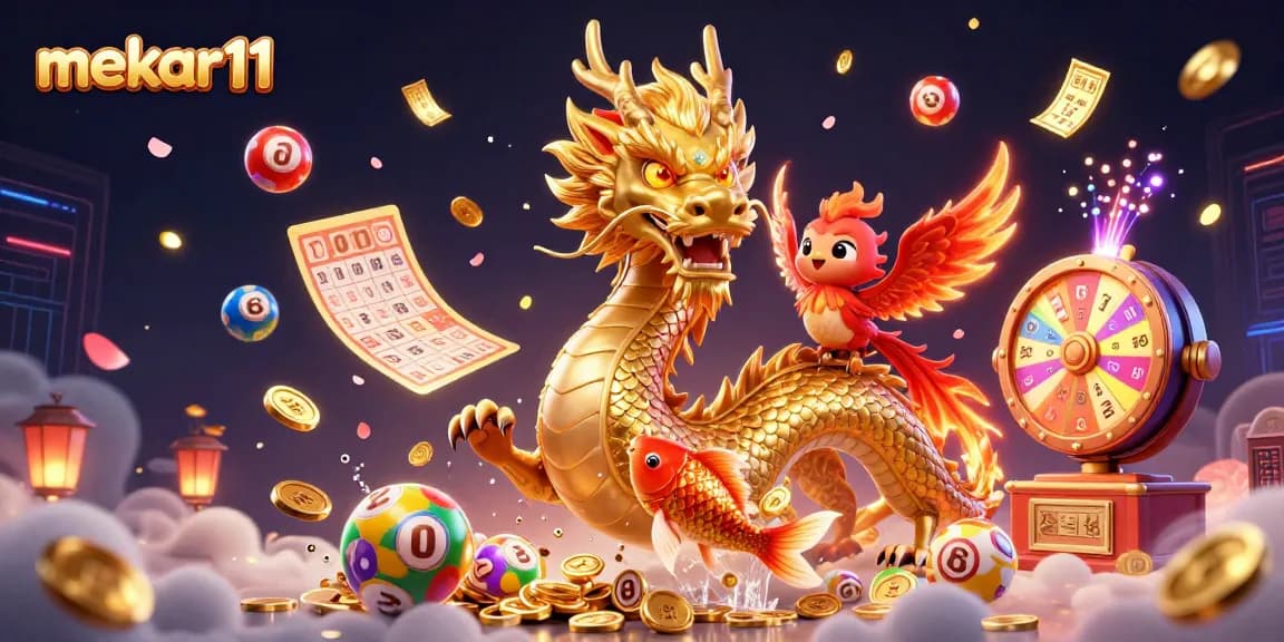 Mekar11 unleashes vibrant luck with a dragon, phoenix, and koi fish in a lively casino scene.