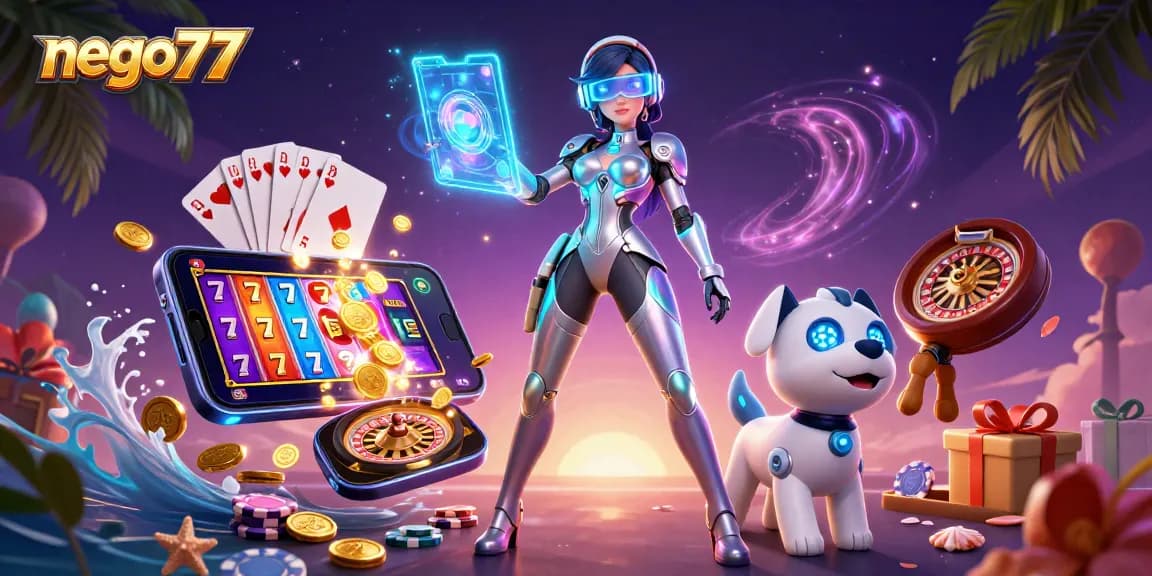 Ngo77 enhances gaming experience with vibrant 3D illustration of a woman and robot dog amidst dynamic casino elements.