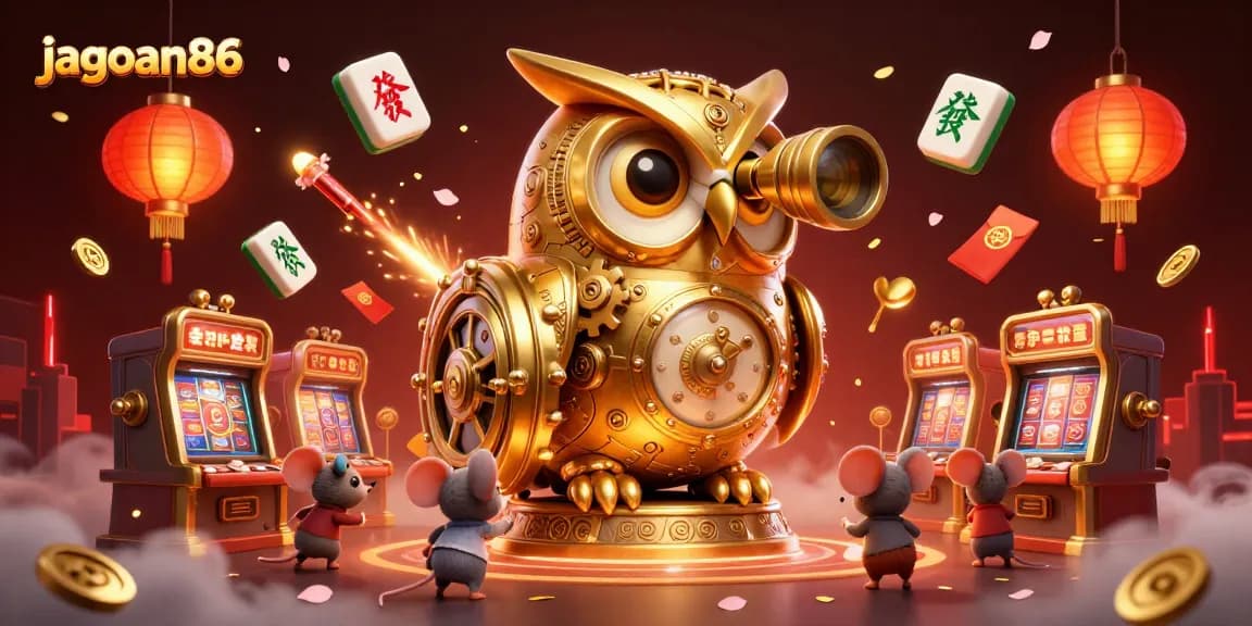 Engage with jagoan86's vibrant casino world featuring a clockwork owl amid colorful gaming elements.