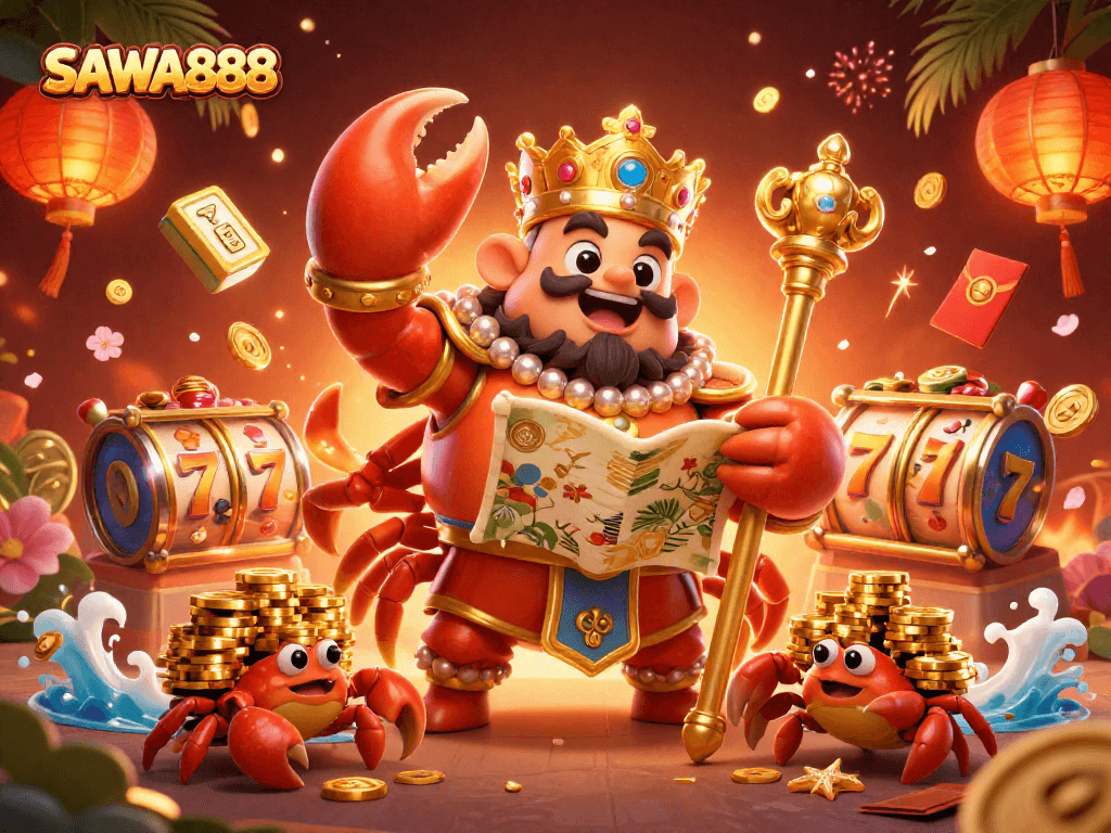 Experience the thrilling SAWA888 adventure with a vibrant golden crab emperor in a bustling casino scene, spinning slot reels.