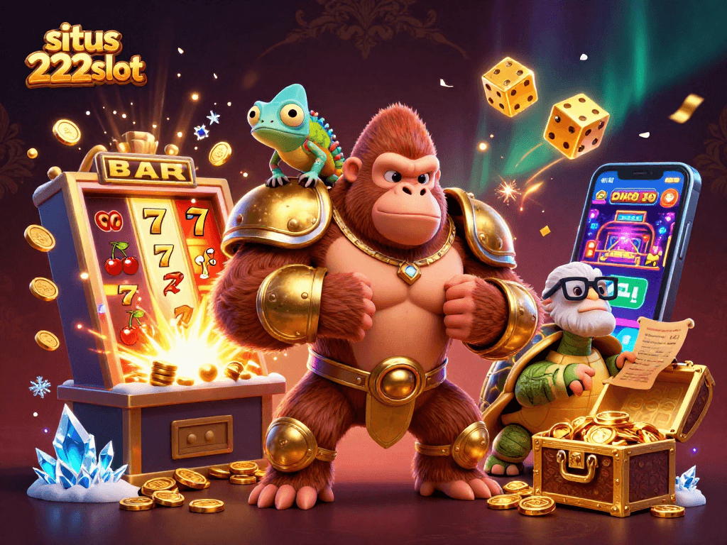 Permainan slot di situs 222slot menampilkan gorila berarmor emas dan mesin slot meledak dengan koin.