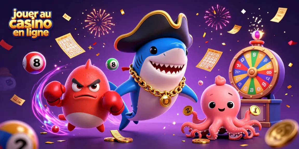 Jouer au casino en ligne avec un requin pirate 3D entouré de ballons de loterie et d'une ambiance festive.