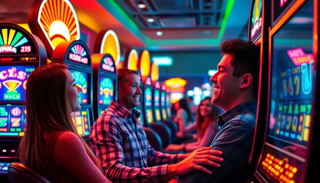 Kode4d slot machine gaming experience with joyful players and vibrant colors