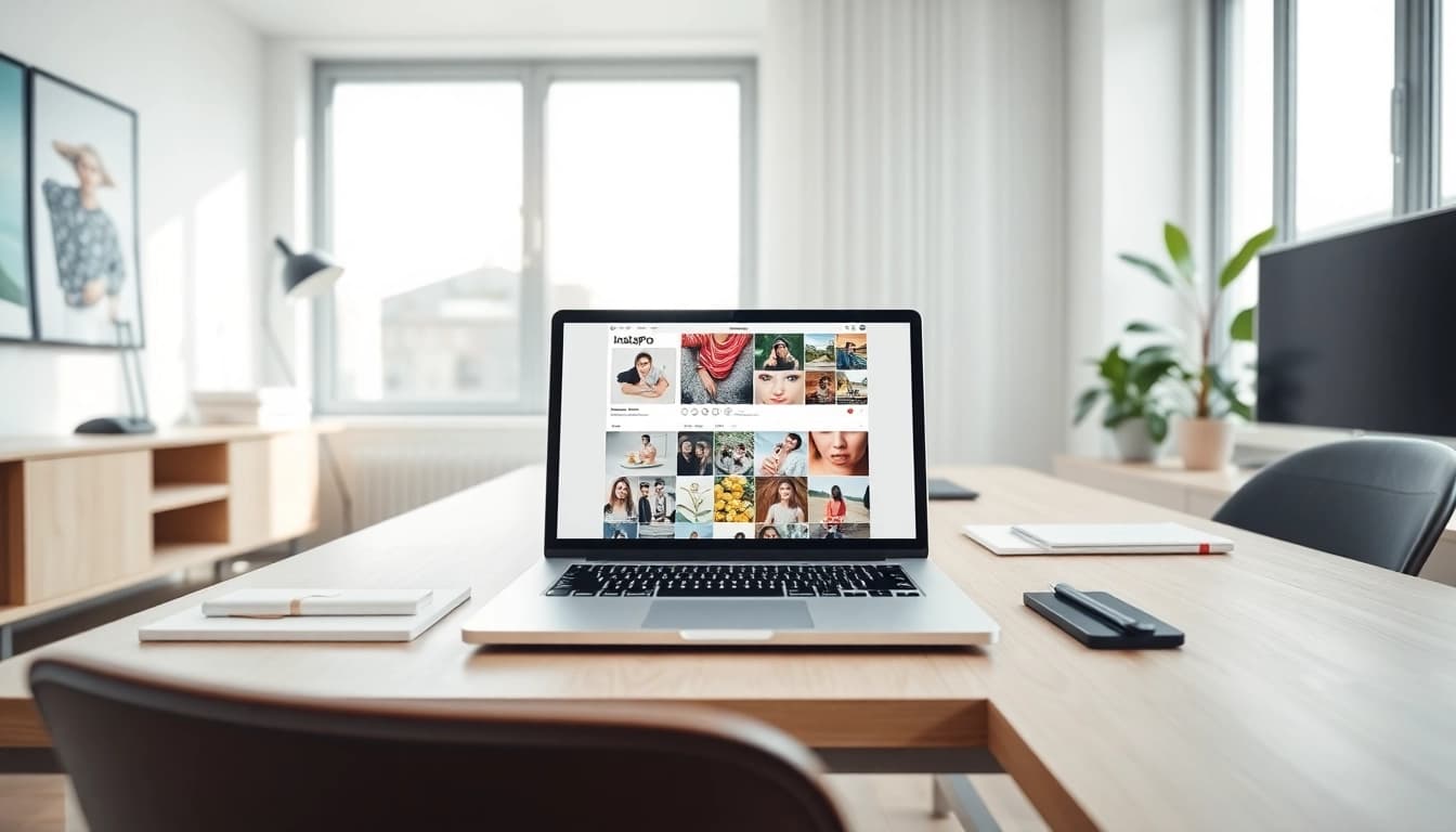 InstaPro app displayed on a sleek laptop in a modern home office workspace.