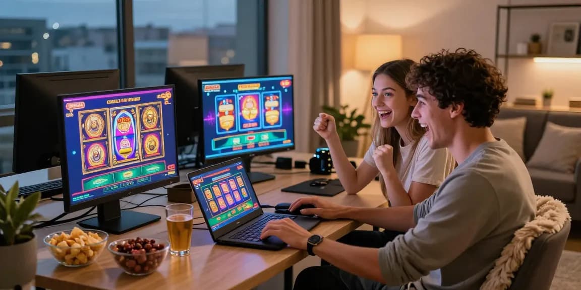 Exciting credit card casino reviews capturing a young couple enjoying online gaming in a modern home office.