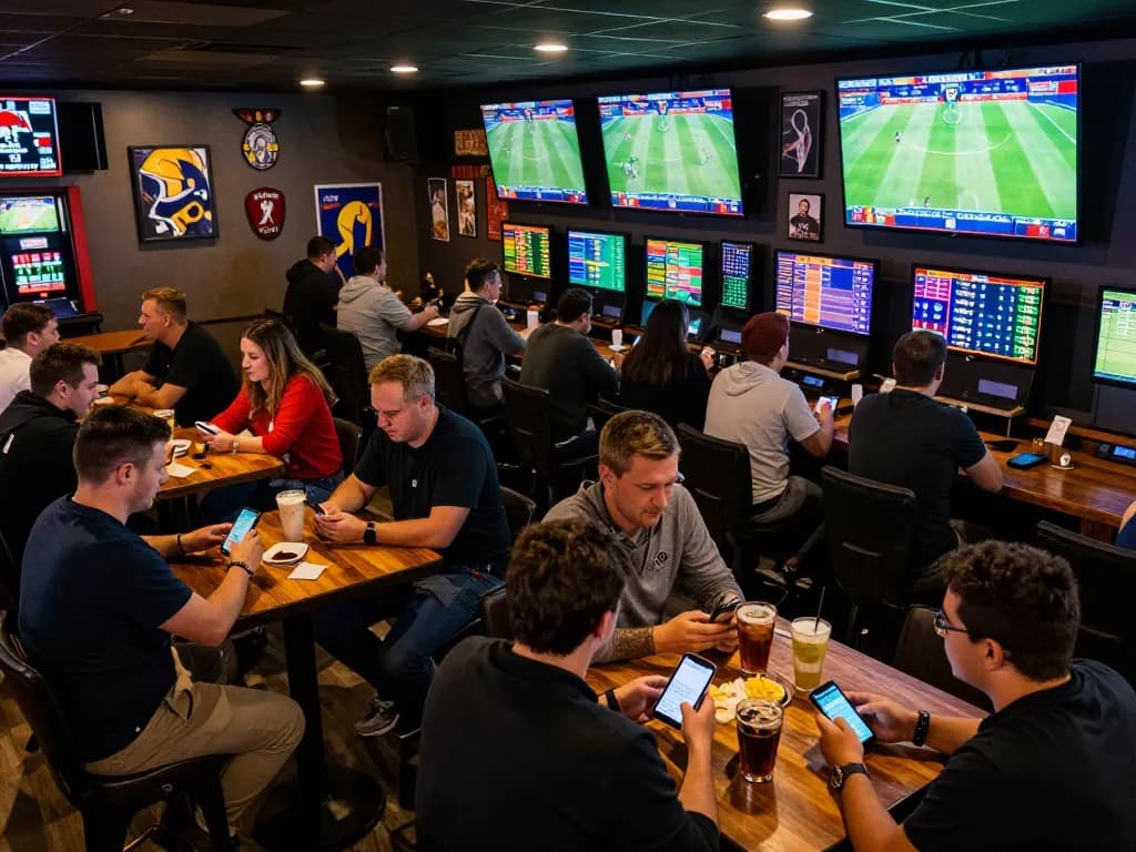 FB88 users enthusiastically placing sports bets in a lively bar atmosphere, showcasing excitement and camaraderie.