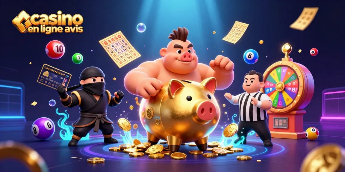 Visuel engageant sur le casino en ligne avis avec des personnages animés et des éléments de jeu colorés.
