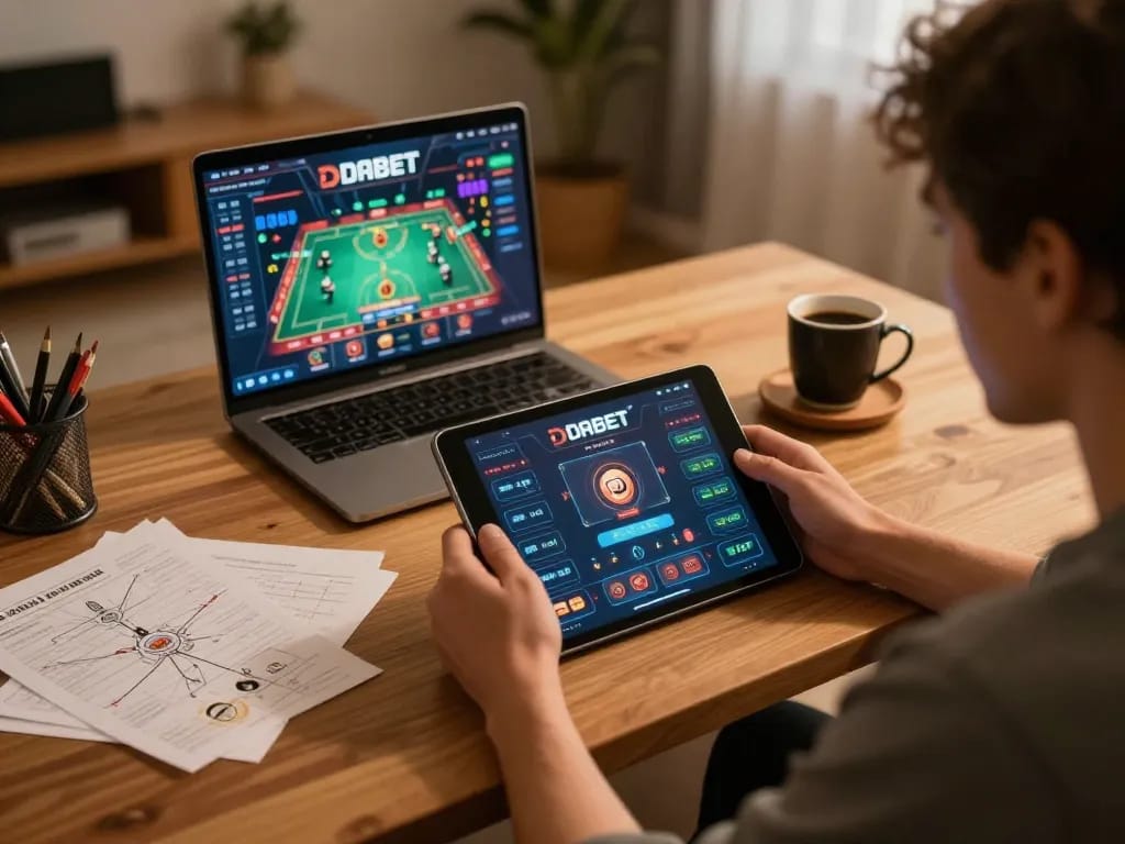 DABET online gaming session with player using tablet and strategic notes.