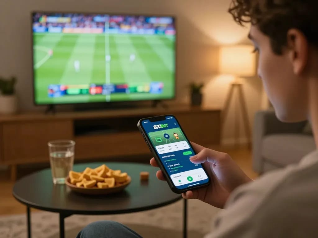 Placing live bets on the 8xbet app while watching a sports match at home with friends.