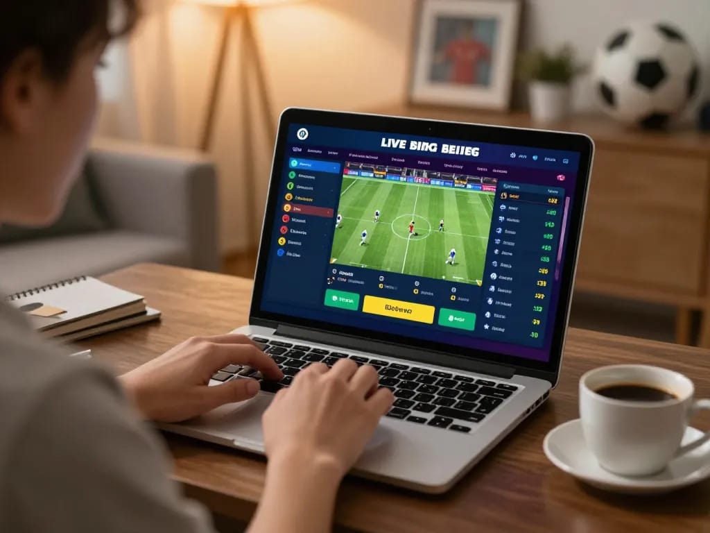 Engaging user experience with okwintv bóng đá on a laptop for live sports betting in a cozy home environment