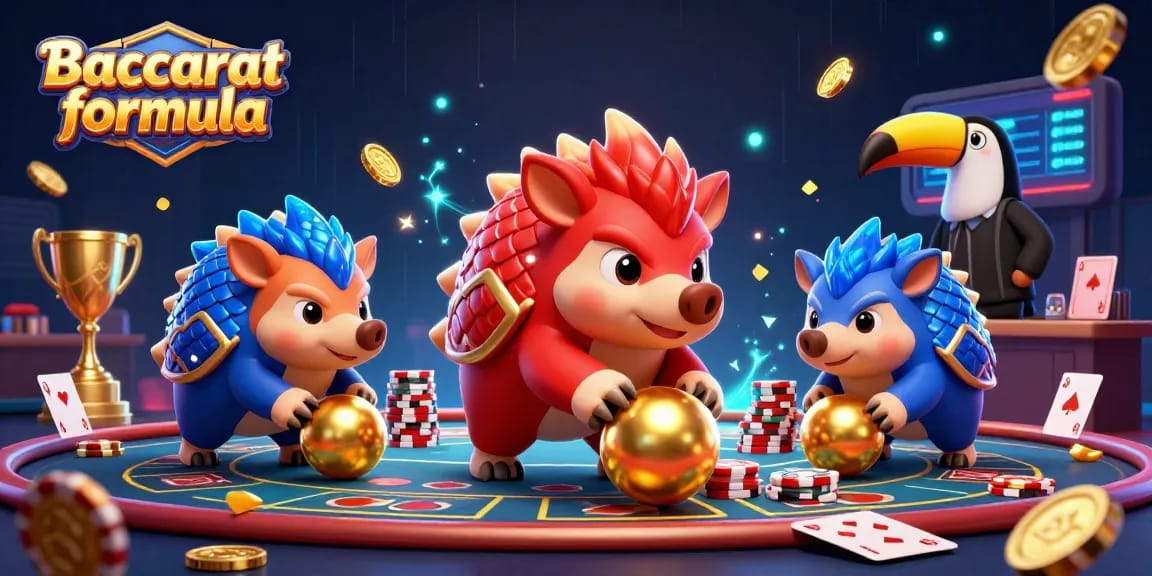 Engage with the Baccarat formula through a colorful 3D action scene featuring rival pangolins in a live casino setting.