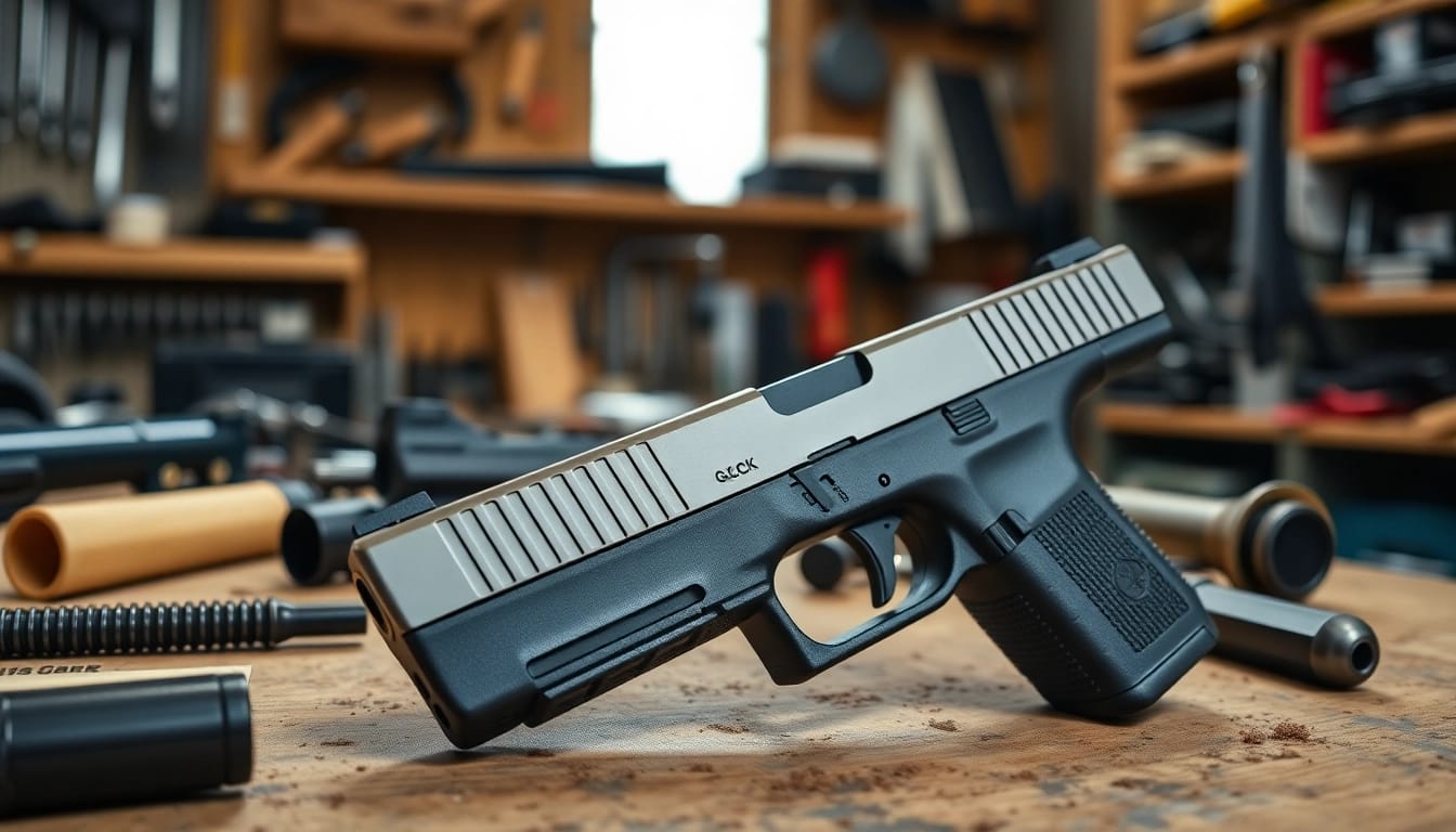 Buy glock 17 slide for sale highlighting its craftsmanship and precision in a workshop.