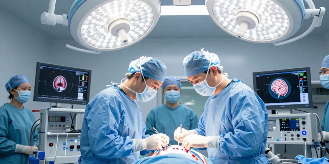 Beyin ameliyatı in progress, highlighting detailed surgical procedure and teamwork in modern operating room.