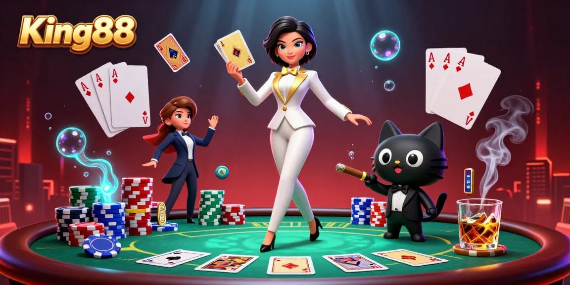 Win big at King88 with vibrant casino scenes featuring a glamorous dealer and playful elements.