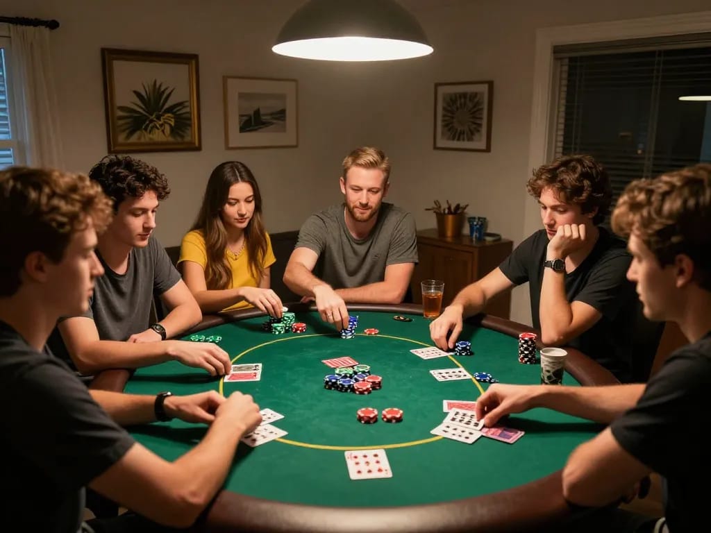 Taking action at a poker night with friends using server thailand strategy for winning hands.