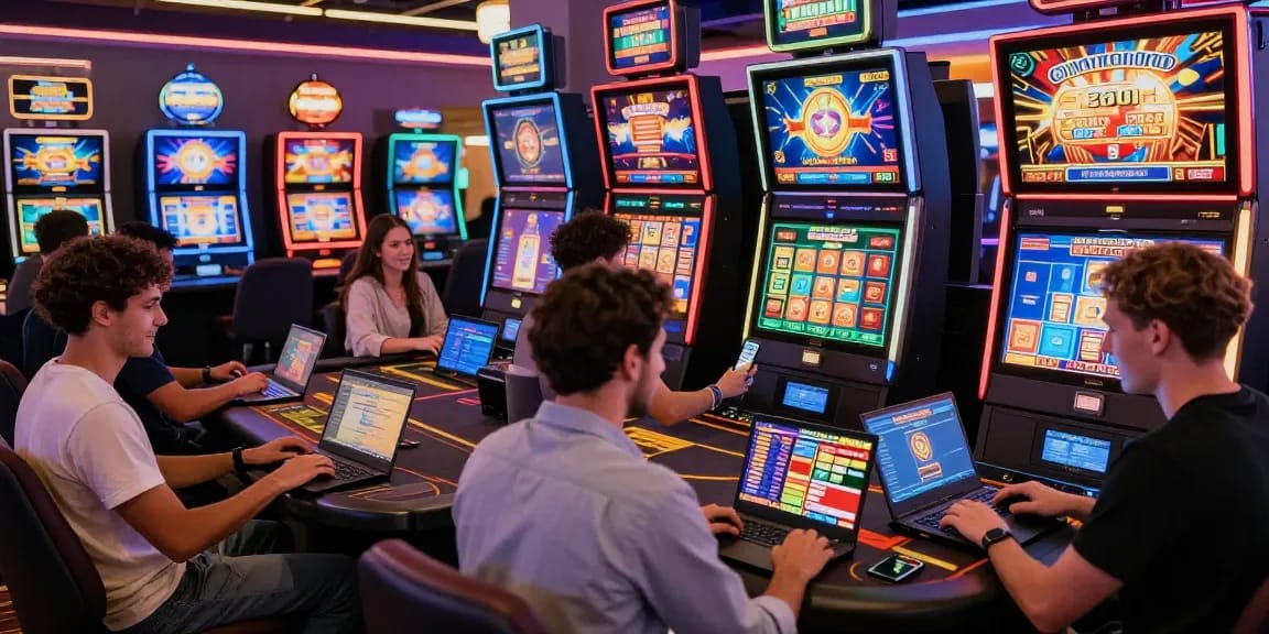Players engaging at non UK casinos with vibrant game displays and interactive features, showcasing modern online gaming.