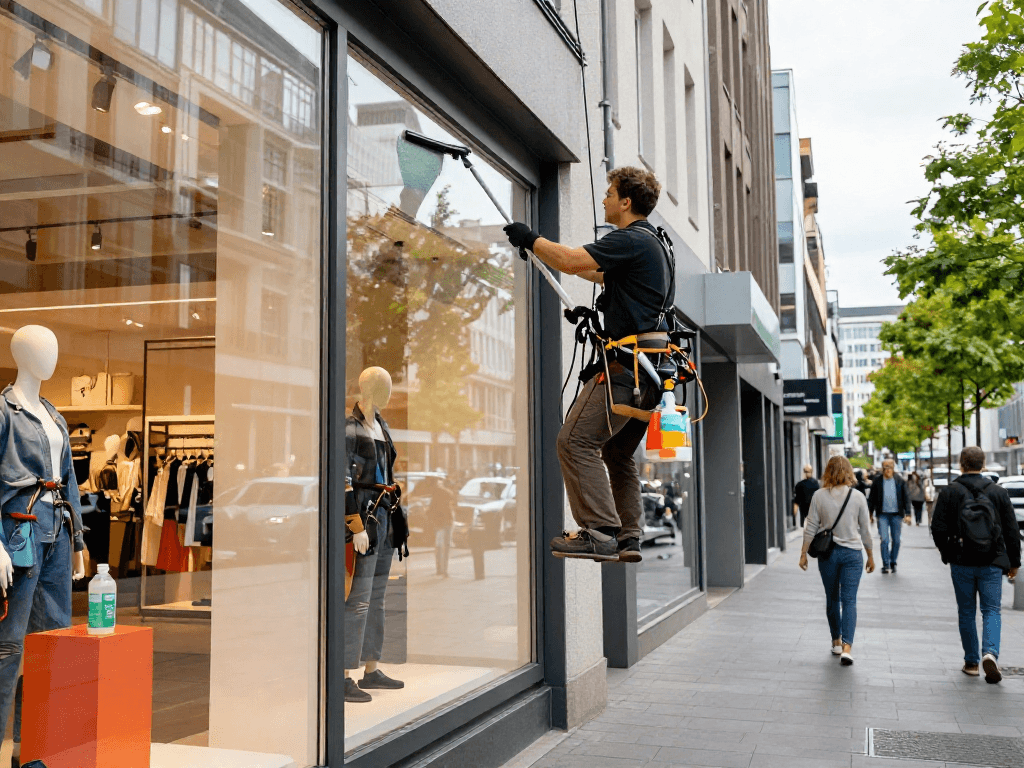 Schaufensterreinigung Dortmund: Professioneller Fensterputzer reinigt Schaufenster in belebtem Stadtzentrum.