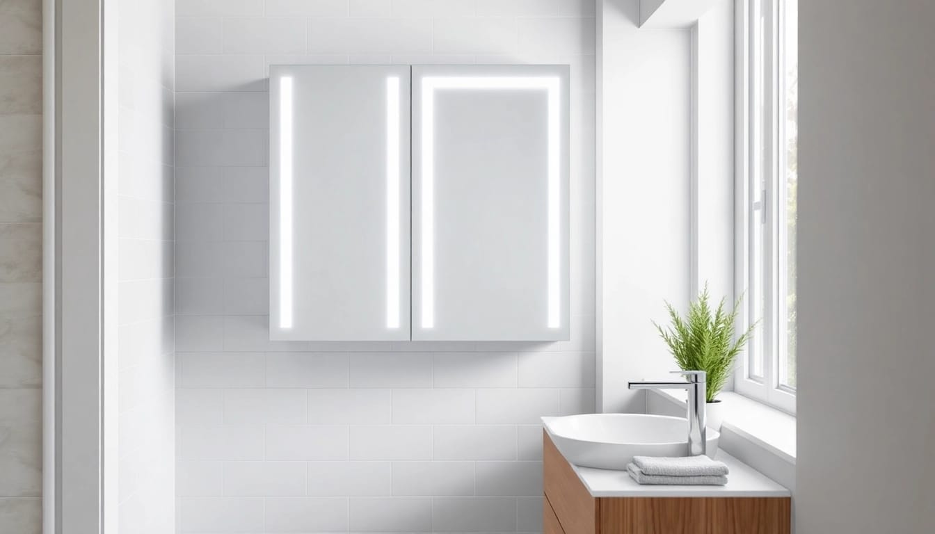 Entdecken Sie den eleganten Spiegelschrank mit LED-Beleuchtung im modernen Badezimmer.