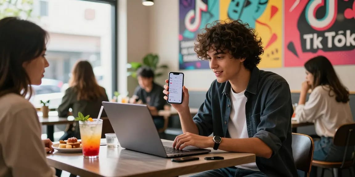 Engaging scene for günstig tiktok follower kaufen in a trendy café with an influencer boosting their social media presence.