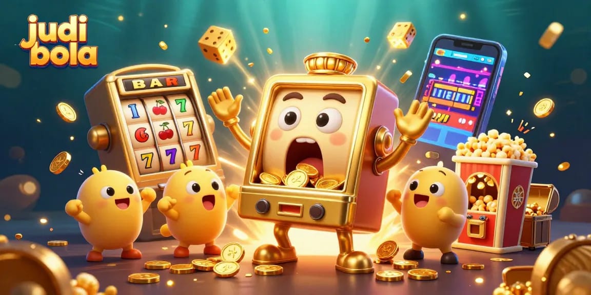 Engage in judi bola excitement with cartoon slot machines and vibrant casino elements.