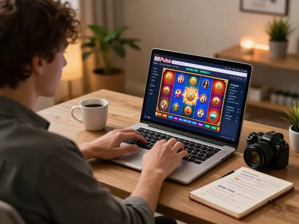 Mengikuti permainan di kasino online 88Pulsa, menampilkan permainan slot yang cerah di laptop.
