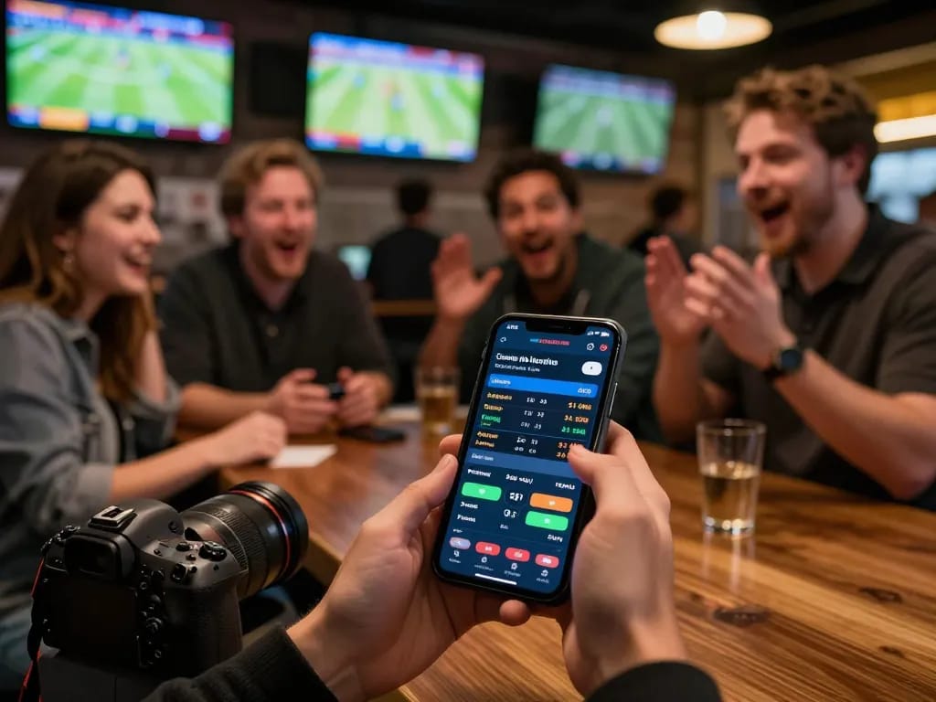 SboBet user engaged in live sports betting via mobile app in vibrant social setting