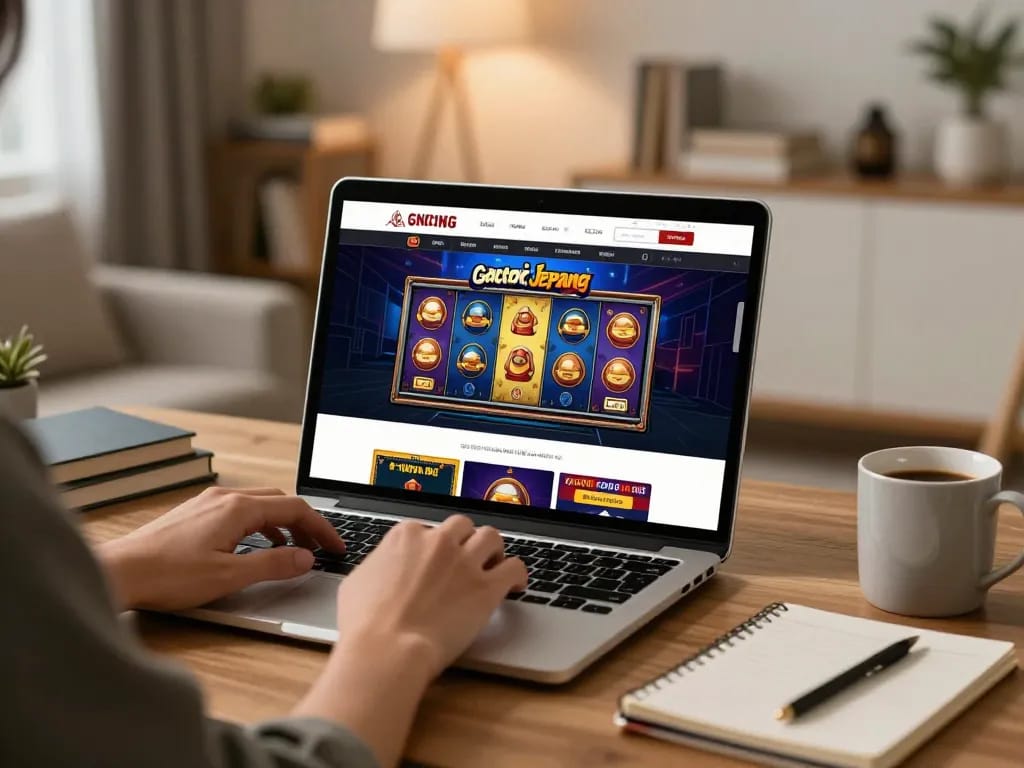 Engaging player enjoying slot gacor jepang games on a cozy home setup, emphasizing strategic gaming