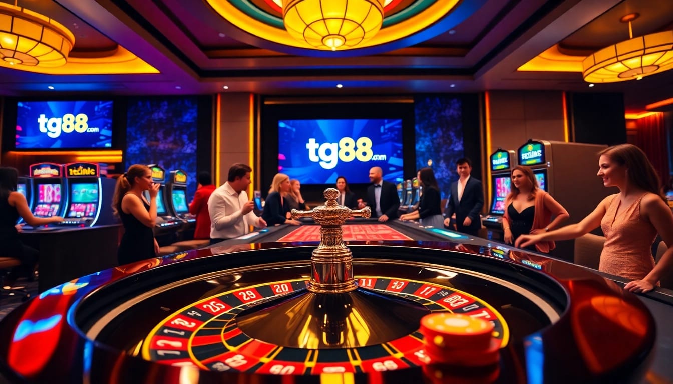 Engaged gamblers celebrating at tg88.com casino tables with vibrant slot machines.