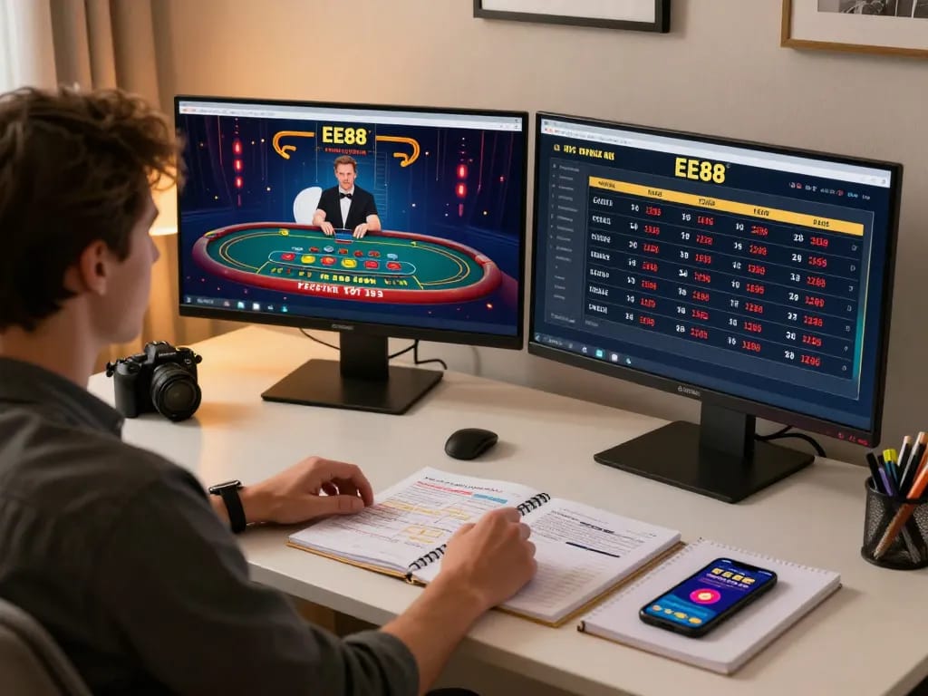 Online gambler analyzing strategies on EE88 casino platform from a stylish home office.