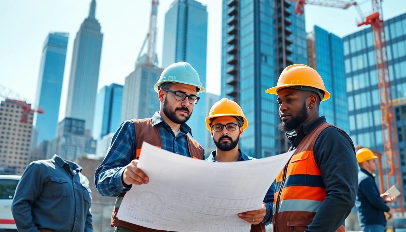 Manhattan General Contractor team reviewing blueprints at a busy construction site in Manhattan