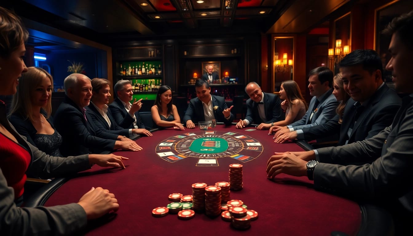 etrafli Pinco Casino oyun reyi haqqında kartlar və çiplərlə dolu lüks kazino görüntüsü.