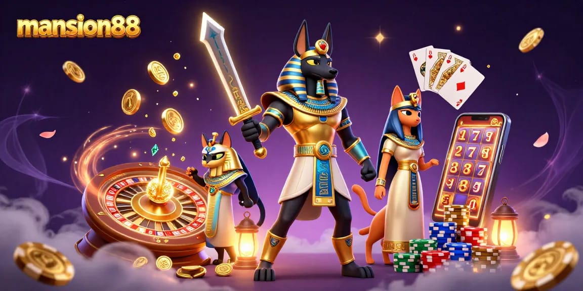 mansion88 offers thrilling online gaming with Anubis and Bastet surrounded by treasures and excitement.