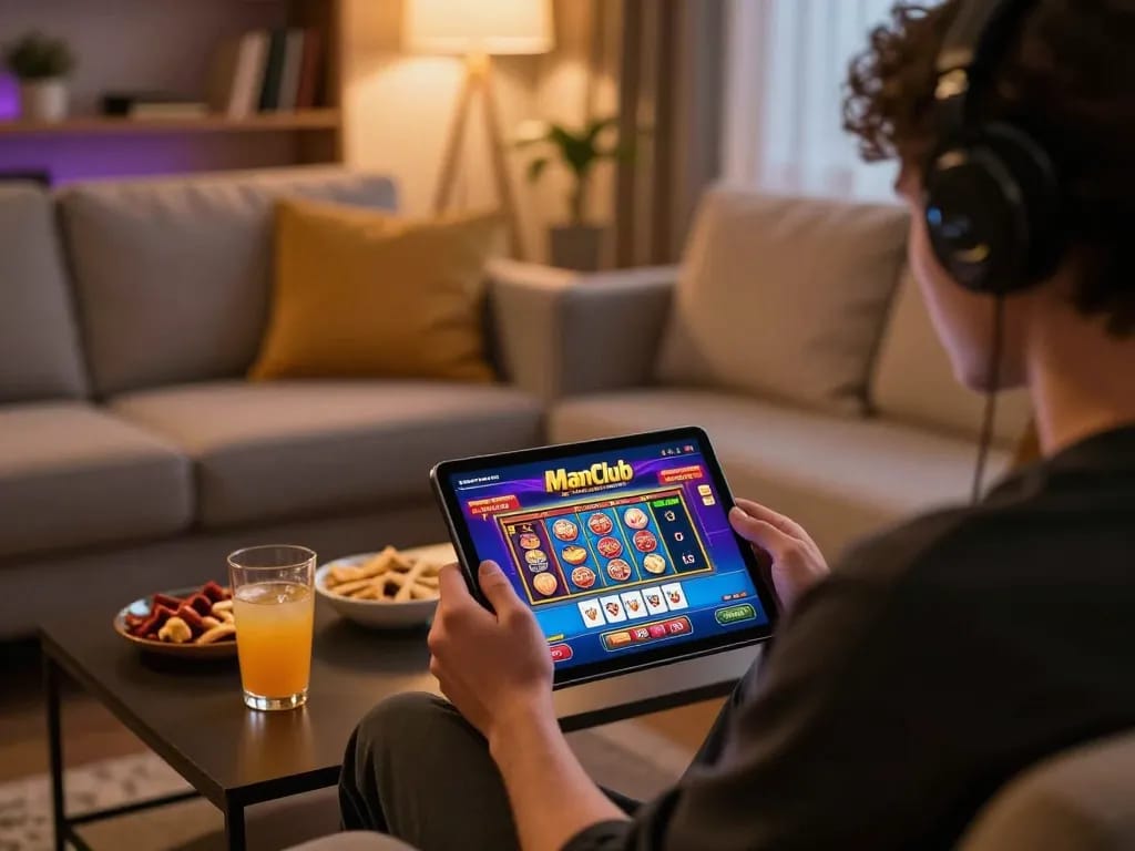 Person enjoying online gaming at Manclub on a tablet in a cozy living room.