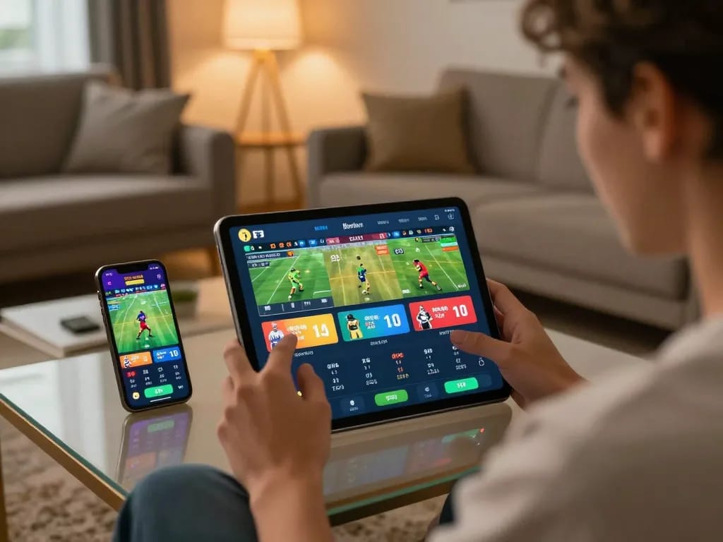 Engaged user placing bets on VT88 sports betting app in a cozy home setting.