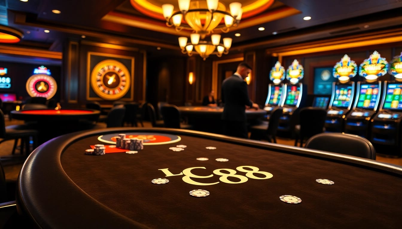 Engage at the LC88 poker table with vibrant chips and polished cards in a luxurious casino.