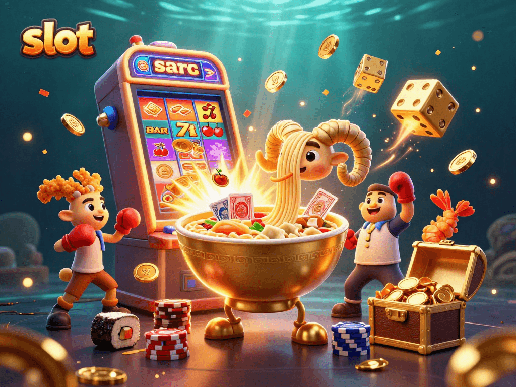 Engage with slot machines while enjoying a fun 3D cartoon scene filled with vibrant casino elements.