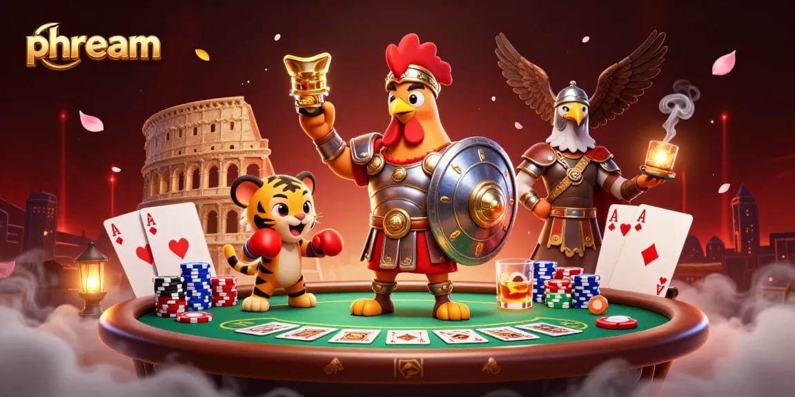 phdream showcases a vibrant 3D scene where a gladiator rooster and companions engage in an exciting poker game.