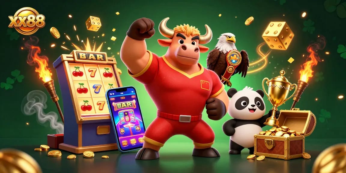 Engage with the thrilling casino experience at xx88 with a vibrant jackpot scene featuring a bull hero.