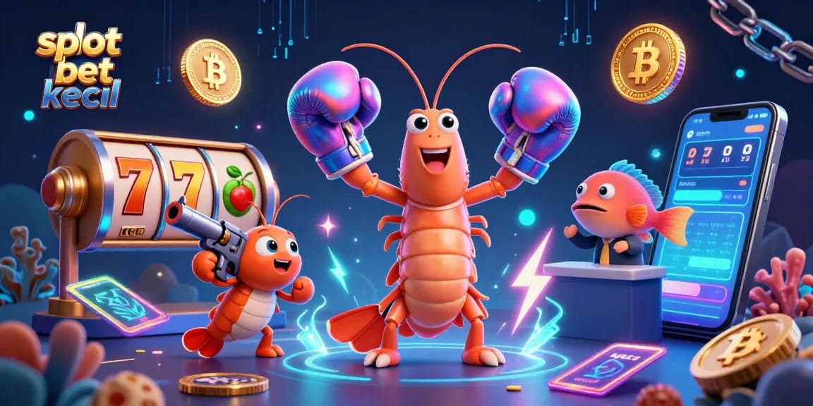 Engage with "slot bet kecil" through vibrant 3D illustration of excited shrimp characters amidst casino elements.