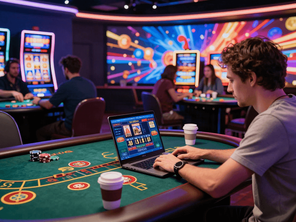 An engaging player enjoying situs casino games on a laptop in a vibrant virtual casino setting.