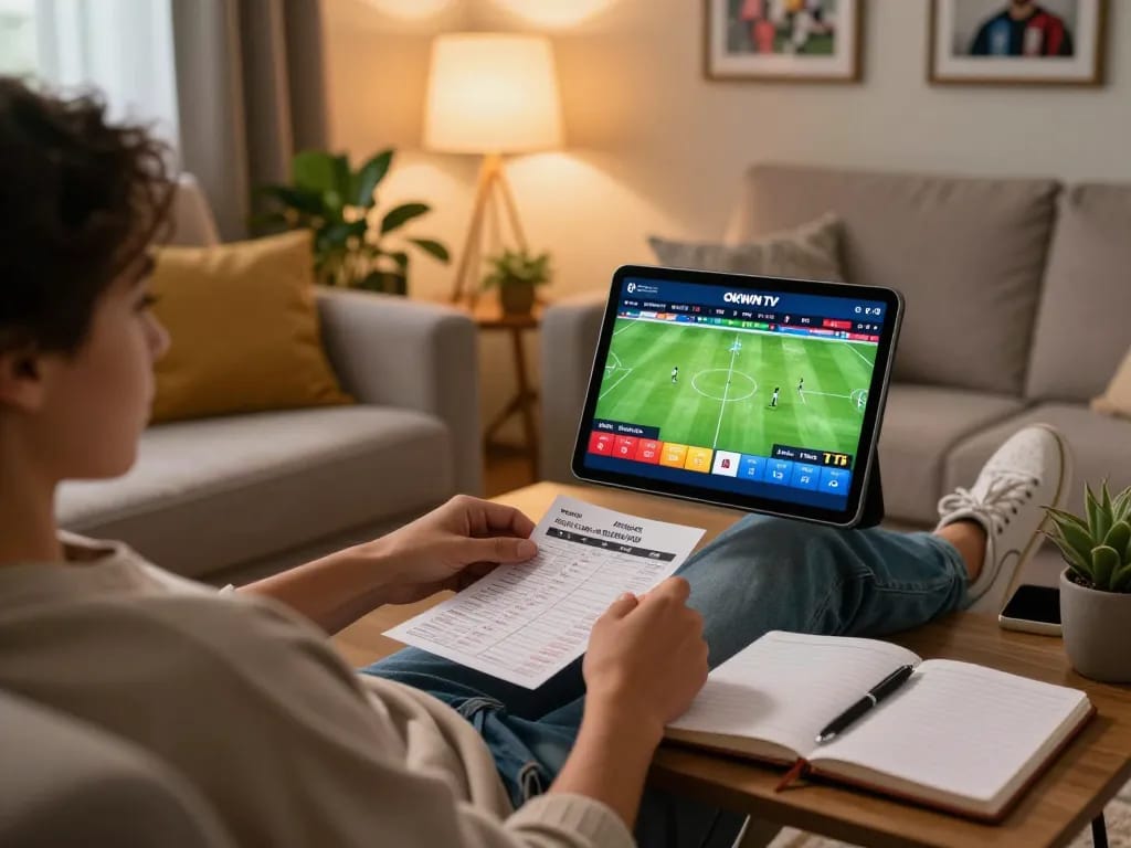 Person placing bets on OKWIN TV's soccer matches in a cozy home setting, showcasing online betting action.