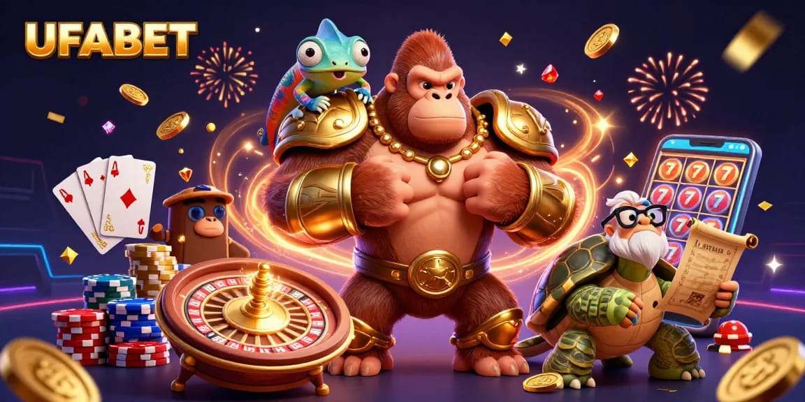 Engage with UFABET's exciting gaming experience featuring a vibrant scene of casino elements and characters