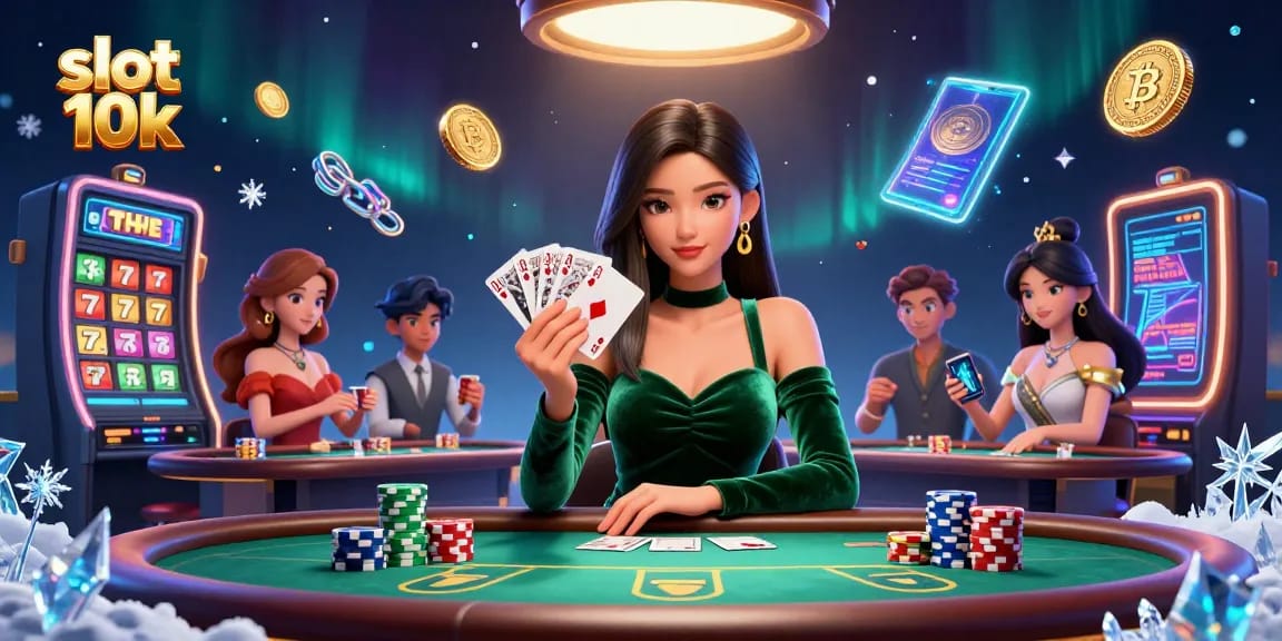 Experience the thrill of slot 10k with an illuminated poker scene bursting with action and luxury.