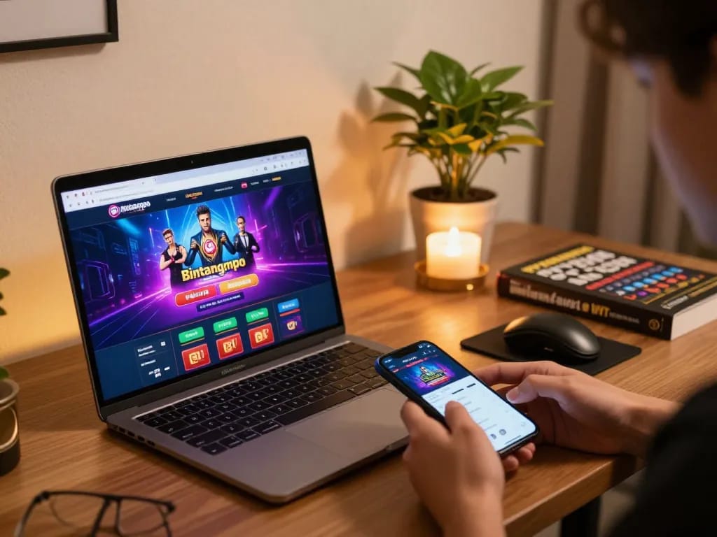Bintangmpo adegan permainan online yang menampilkan seorang pemain menggunakan laptop untuk permainan kasino.