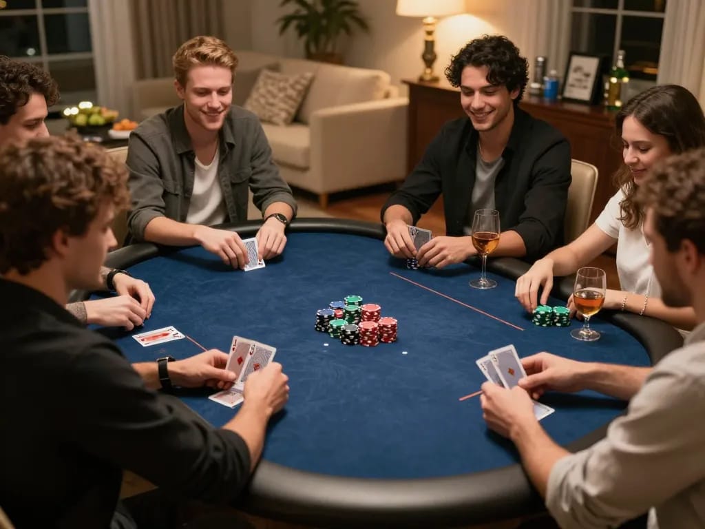 Players enjoying a vibrant home poker night, showcasing strategic gameplay with FC88 chips visible.