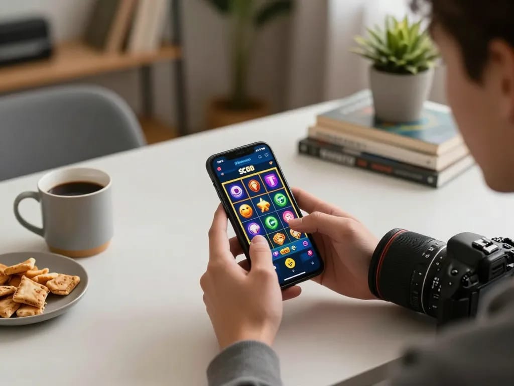 Player exploring SC88 mobile casino app while enjoying a cozy gaming environment with snacks.